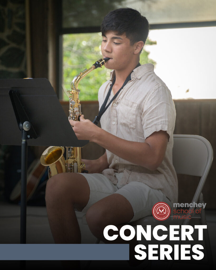 Image of student playing the alto saxophone. Includes the "Menchey School of Music" logo and text denoting "Concert Series."