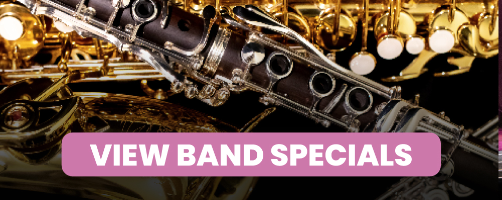 Image of band instruments and button with text: "View Band Specials."